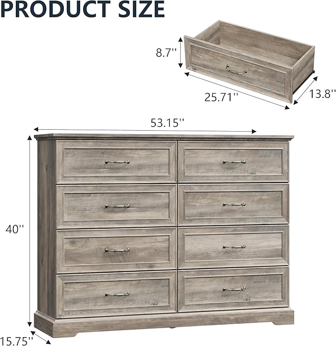8 Drawer Dresser for Bedroom, 53" Wide Wooden Chest of Drawers, Rustic Farmhouse Dresser with Large Drawers & Metal Handles, Modern Storage Organizer for Closet, Living Room, Hallway, Grey