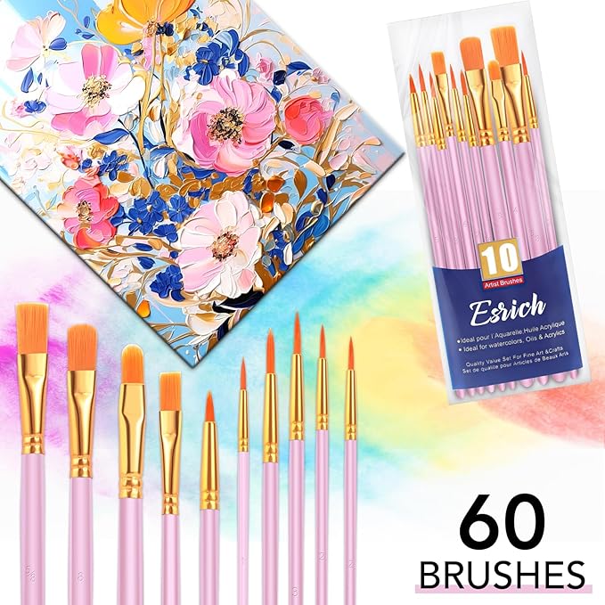 ESRICH Paint Brush Set,6 Packs 60 Pcs Nylon Hair Paint Brushes for Acrylic Painting,Artist Paintbrushes for Acrylic,Oil,Watercolor Painting,Face Nail Art,Paint Brushes for Kids, Pink