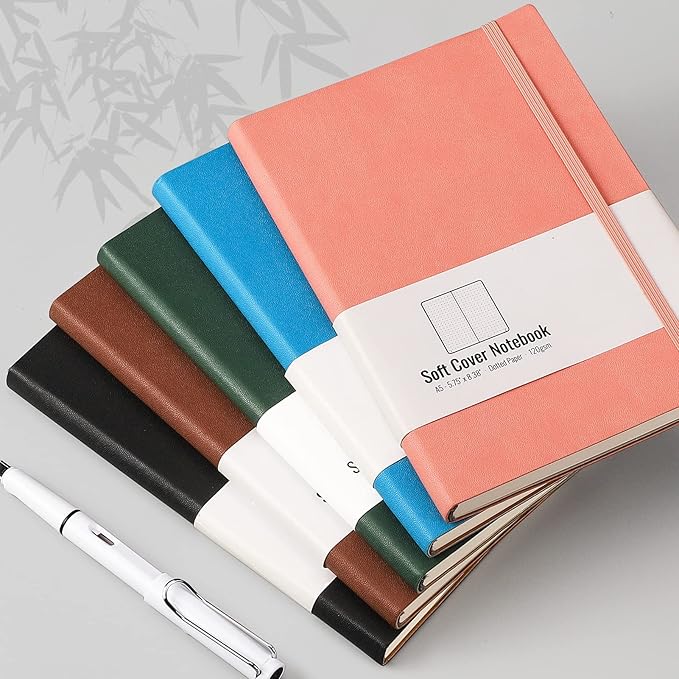 AHGXG Dotted Bullet Grid Journal 2 Pack - A5 Dot Grid Notebook Softcover, Medium 5.75'' × 8.38'', 320 Numbered Pages, 120gsm Thick Dotted Paper, Soft Leather Cover (Black Brown)