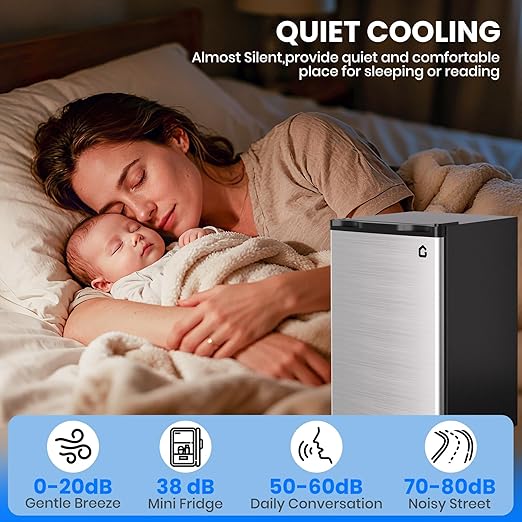 3.2 Cu.Ft Mini Fridge with Freezer, Single Door Compact Refrigerator, Energy Saving, Small Fridge Adjustable Thermostat Control, Mini fridge for Bedroom, Dorm, Office, Silver