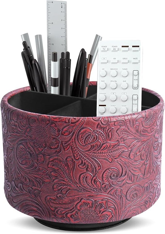 lizimandu Round Leather Art Supply Organizer,Remote Control Holder,360 Degree Spinning,Multi-Functional Pencil Holder,4 Compartments Desktop Stationary Organizer(1-Carved Red)