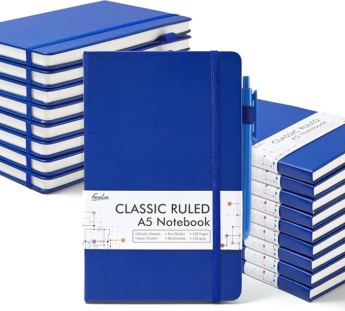feela College Ruled Notebooks, 18 Pack Business Notebook Bulk Hardcover Lined Writing Journal with Pen Holder for Men Women Note Taking, with 18 Black Pens, 120 GSM, 5.1”x8.3”, A5, Navy