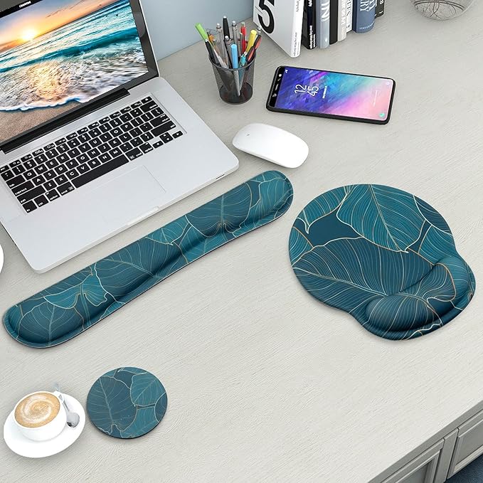 Mouse Pad and Keyboard Wrist Rest Support, with Non-Slip PU Base,Gel Mouse Pad with Coaster,Pain Relief for Gaming, Computer,Office -Green Leaves