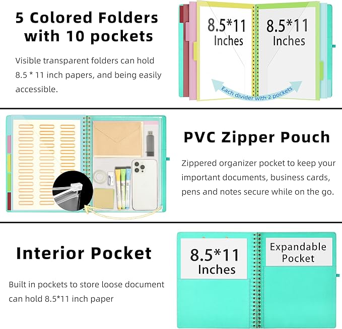 Ospelelf Foldable Spiral Clipboard Folio with Storage Zipper Pouch, 5 Plastic Folders with 10 Pockets,Refillable Lined Notepad (11" x 8.5"), Hardcover Project Organizer with 39 Stickers (Aqua)