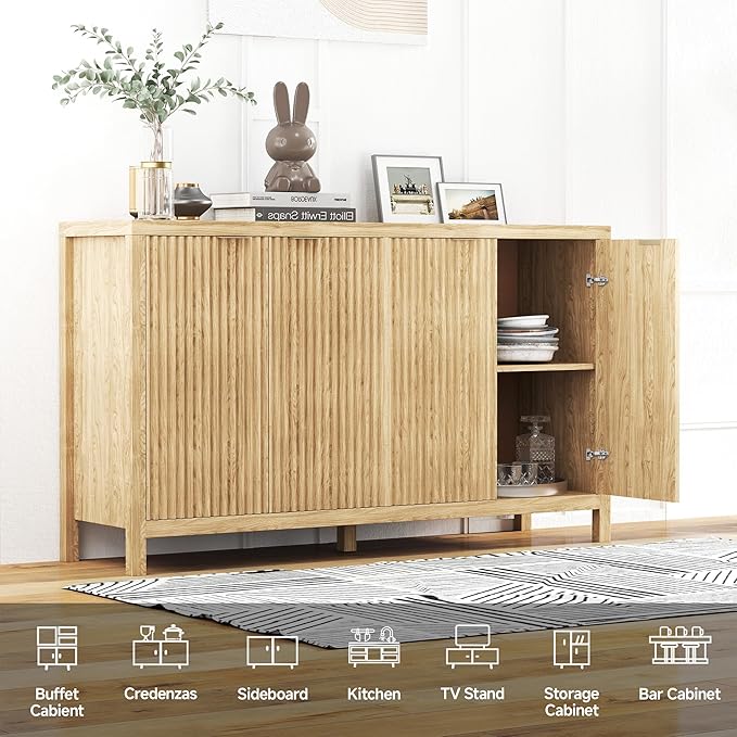 Real Relax Fluted Buffet Cabinet with Storage, Modern Sideboard with 4 Doors, 3 Adjustable Shelves, Large 55'' Kitchen Credenza Coffee Bar Cabinet, Console Cabinets for Living, Dinning Room, Natural