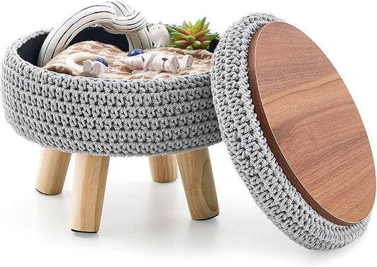 Round Storage Ottoman Foot Rest Cotton Braided Foot Stool Pouf Ottoman with Solid Wood Legs Footstool with Storage Shoe Changing Stool for Living Room Gray