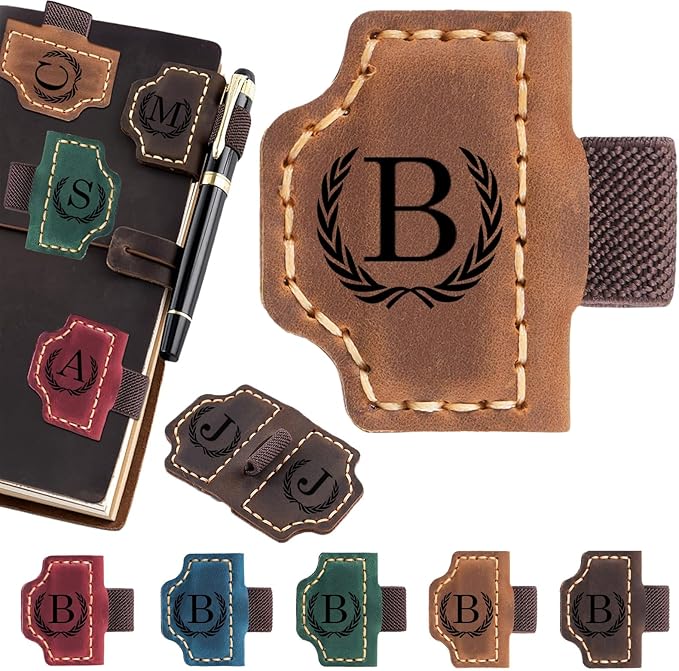 Personalized Magnetic Leather Bookmark with Pen Holder - 26 Letters Custom Book Mark with Name Initial Engraved Book Marker for Readers, Book Lovers, Travelers - Gift for Women & Men(Light Brown，B