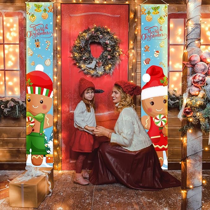 2 Pcs Christmas Porch Sign Gingerbread Door Sign Banner Christmas Hanging Door Banner for Outside Indoor Outdoor Home Front Porch Holiday Xmas Decorations Gingerbread Party Supplies
