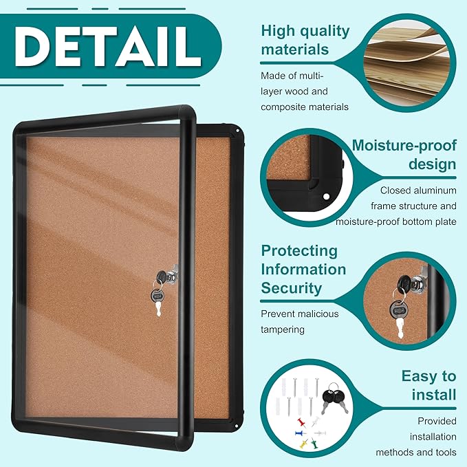 Magula Enclosed Cork Bulletin Board Tamper-Proof Dispaly Case, Black Aluminium Frame, Shatter Resistant Lockable Bulletin Board, Enclosed Cork Board for School, Office,Commercial,Hospital etc(24"x18")