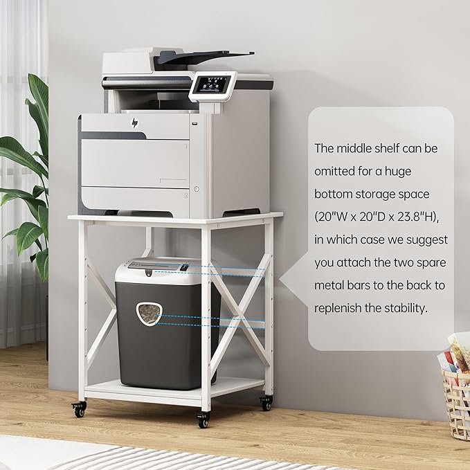 Large Printer Stand with Height Adjustable Storage Shelf, 23.6 x 23.6 Inches Square Printer Table with Industrial Wheels, Multi-use 3 Tier Rolling Printer Cart for Home Office - White