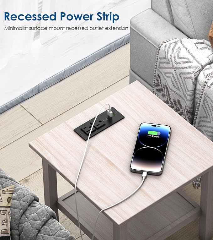 45W USB C Recessed Power Strip,Flush Mount Desk Recessed Outlet,Space-Saver for Furniture Side Table,2 USB-C &2 USB-A Ports,2 AC Outlets,6ft Cord,Ultra Thin Flat Plug