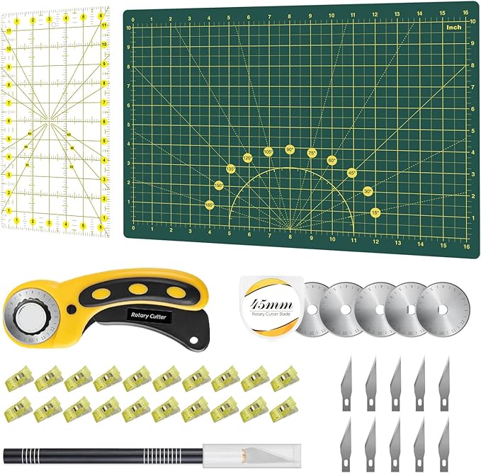 Headley Tools Rotary Cutter Set - 45mm Fabric Cutter, 5 Extra Rotary Blades, A3 Cutting Mat, Quilting Ruler and Sewing Clips, Craft Knife Set, Ideal for Crafting, Sewing, Scrapbooking, Patchworking