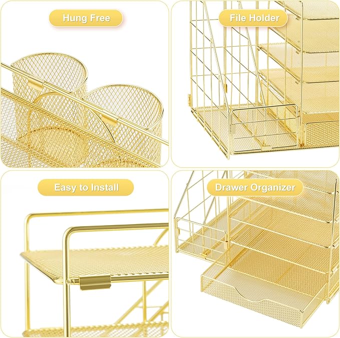 Marbrasse Rose Gold Desk Organizer with File Holder, 5-Tier Paper Letter Tray Organizer with Drawer and 2 Pen Holder, Mesh Desktop Organizer and Storage with Magazine Holder for Office Supplies