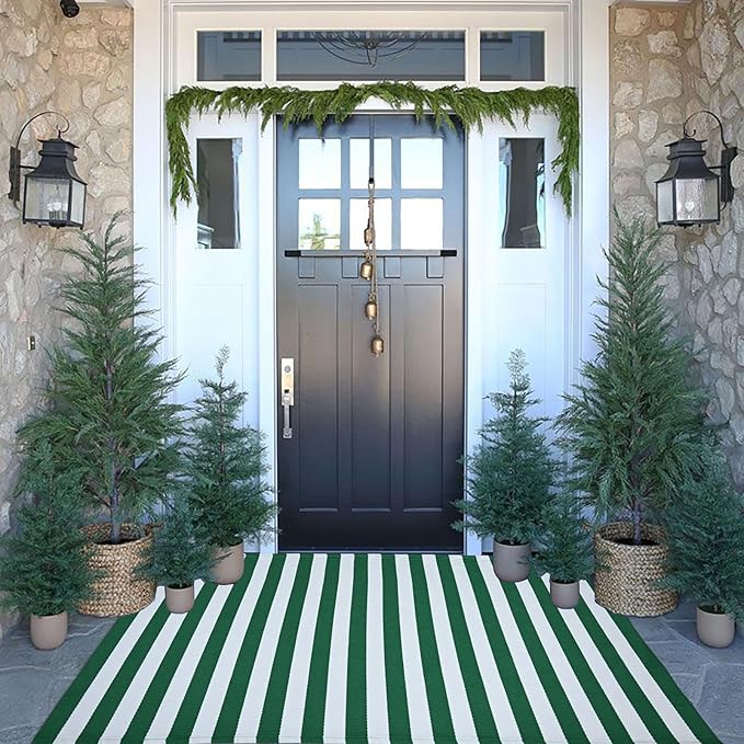 CAINANEL Christmas Outdoor mat 3' x 5' Green and White Striped Outdoor Rug Front Porch Rug,Christmas Home Decor, Layerd Welcome Doormat for Front Porch Decor, Front Door, Farmhouse Decor