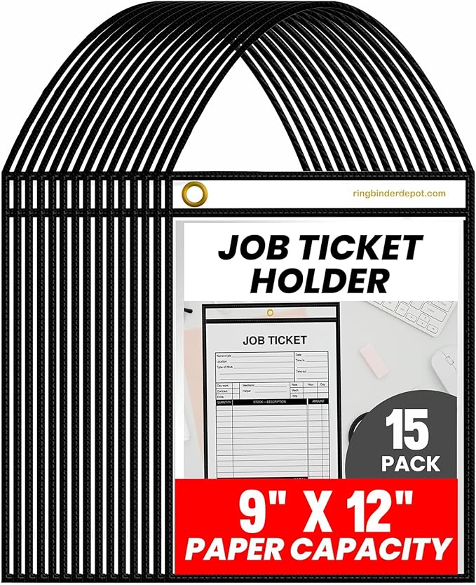 Officewerks Stitched Shop Job Ticket Holders with Strap, Heavy Duty 9" X 12" Clear Both Sides Plastic Sleeves with 1 Hole for Attaching to Machinery, File Cabinets, Racking, Hanging (15 Pack)