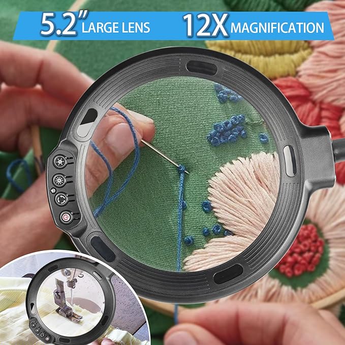12X Large Magnifying Glass with Light and Floor Stand, Flexible Gooseneck Floor Lamp, 5.2" Lighted Magnifier Hands Free with 5 Color Mode 10 Adjustable Brightness, Clamp for Close Work,Sewing, Repair