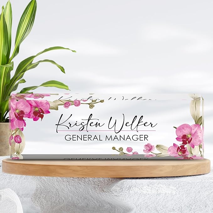 Personalized Name Plate for Desk, Custom Desk Name Plate, Acrylic Name Plate Office Desk Accessories, Personalized Office Gifts for Coworkers Teachers, Employee Appreciation Gifts (A-Butterfly Orchid)
