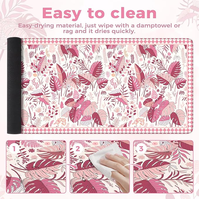 iCasso Pink Desk Mat,Extra Large Mouse Pad for Laptop,Long Computer Pad with Stitched Edges,Non Slip Keyboard Mat for Desktop,Cute Desk Cover Mat for Office Home School