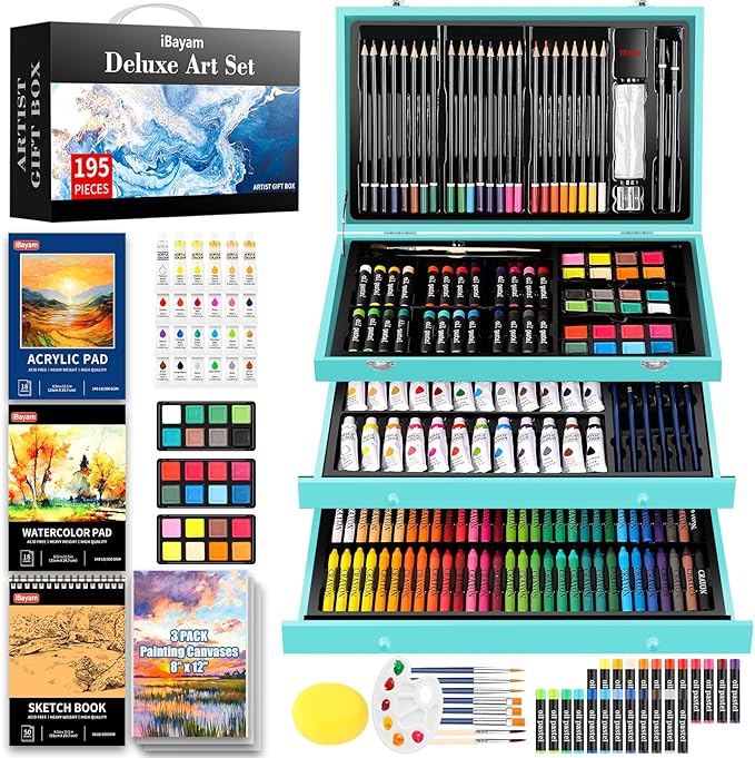 iBayam Arts and Crafts Kits for Kids Teens Girls Boys Adult, 195-Pack Deluxe Art Set Box with 3 PCS Drawing Pads, Canvases, Acrylic Painting, Drawing & Art Supplies for Pumpkin, Halloween, Christmas