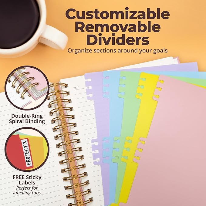 Hardcover Leather Lined Spiral Notebook 8x10" with Removable Dividers - Pink - 300 Pages 5 Subject College Ruled Notebook for Work with Tabs, Pockets, and Pen Loop for Note Taking, Large Journal