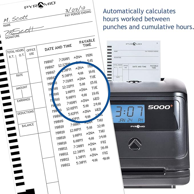 Pyramid Time Systems, Model 5000 Auto Totaling Time Clock, Handles up to 100 Employees, Made in USA, Black & 5000R Genuine Replacement Ribbon for 3550ss, 3600ss, 4000Pro, 5000, 5000HD Time Clocks