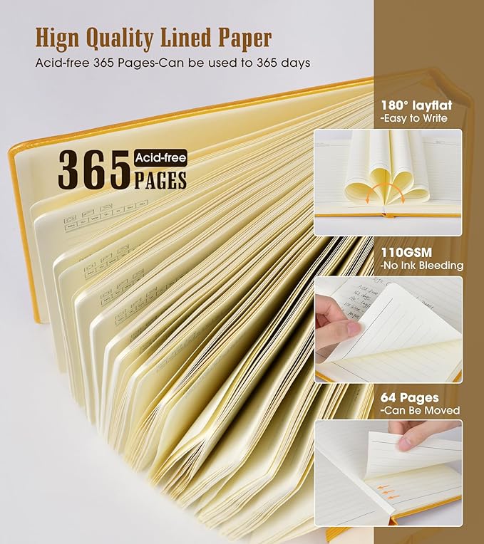Lined Journal, 365 Pages A4 Large Hardcover Leather Notebook for Women Men, Daily Writing for Work, Note Taking, 100Gsm Thick Paper (8.5" x 11" Yellow)