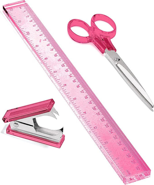OfficeGoods 3 Piece Acrylic Desk Set - Includes Ruler, Staple Remover, Scissors - Functional & Elegant Desk Accessories - Stationery Tools for Home, Office, and School - Pink with Silver Metal