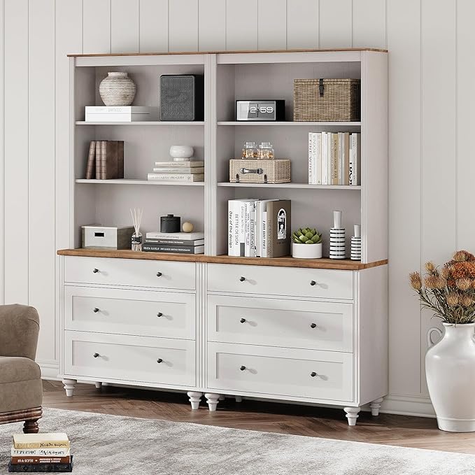 3 Tier Bookshelf with 3 Drawers, 72" Tall Bookcase Large Farmhouse Display Book Case Shelf with 3-Tier Open Book Shelfs，Library Wood Bookshelves for Living Room & Kitchen & Bedroom, Off White, 2 PCS