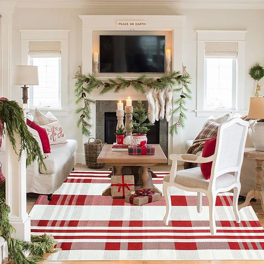 Christmas Plaid Outdoor Rug, 4' x 6' Red&White Check Indoor/Outdoor Area Rug, Layering Rug for Hello/Welcome Door Mat, Machine Washable Cotton Woven Rug for Farmhouse Front Porch, Entryway