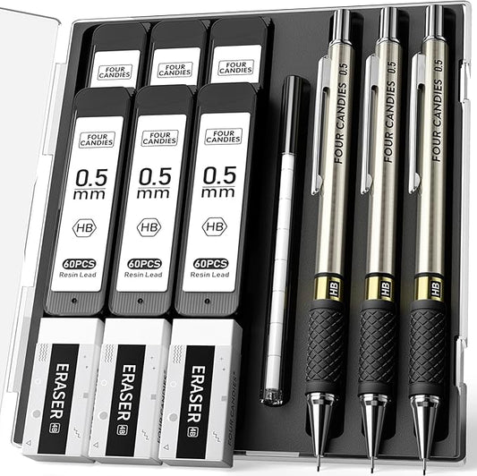 Four Candies Metal Mechanical Pencil Set - 3PCS 0.5mm Art Mechanical Pencils & 360PCS HB Lead Refills & 3PCS Erasers & 9PCS Eraser Refills, Drawing Mechanical Pencils for Writing, Sketching -With Case