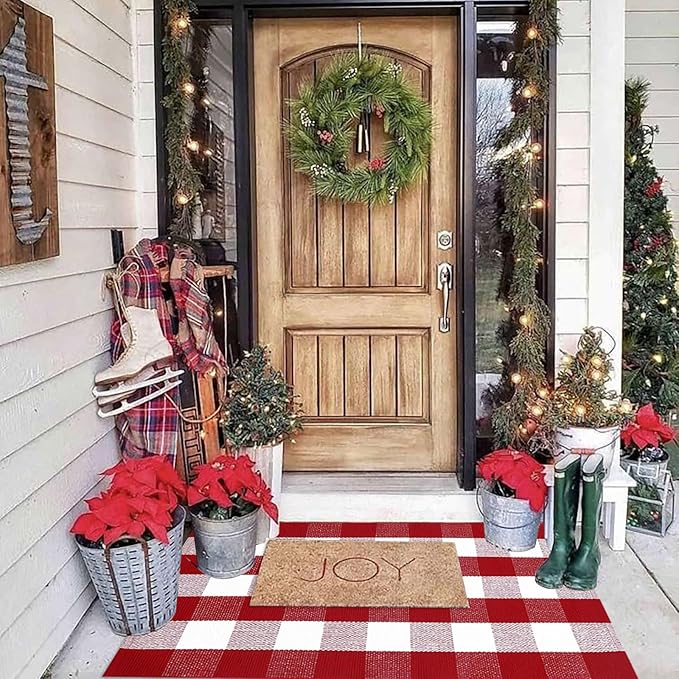 Christmas Plaid Outdoor Rug, 2'4" x 3'7" Red&White Check Indoor/Outdoor Area Rug, Layering Rug for Hello/Welcome Door Mat, Machine Washable Cotton Woven Rug for Farmhouse Front Porch,Entryway