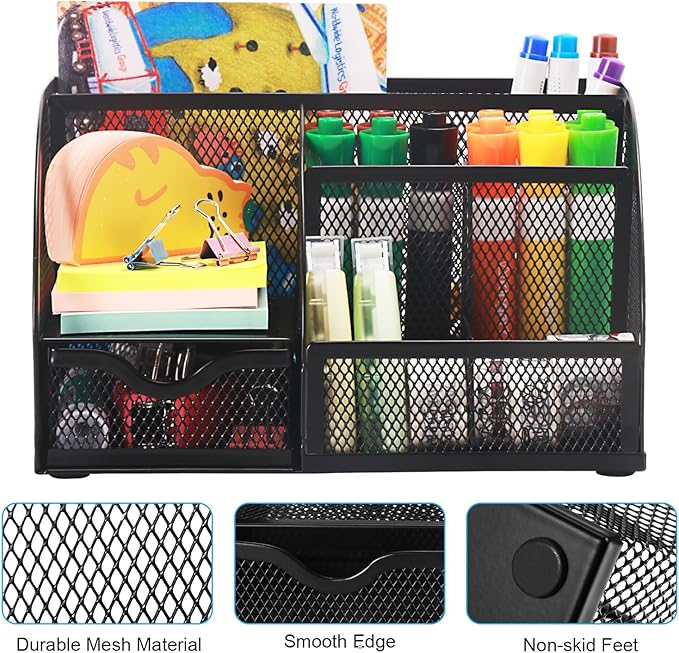 Comix Mesh Pen Pencil Holder Desk Organizer, 7 Compartment Wire Desktop Pen Pencil Cup Caddy Office Supplies for Home Office School, Black