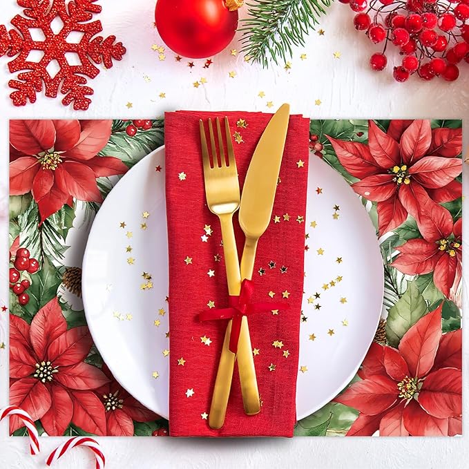 50 Pack Christmas Velvet Poinsettia Paper Placemats,16x 11 Inch Red Poinsettia Flower Disposable Placemats Poinsettia Golden Table Mats for Kitchen Dining Winter Holiday Christmas Party