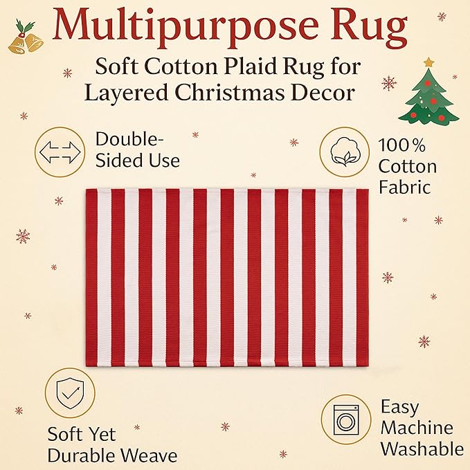 Christmas Red & White Striped Rug - 4' x 6' Outdoor Front Door Decor Mat Cotton Washable Hand-Woven Rug Christmas New Year Holiday Porch Entryway Layered Doormat