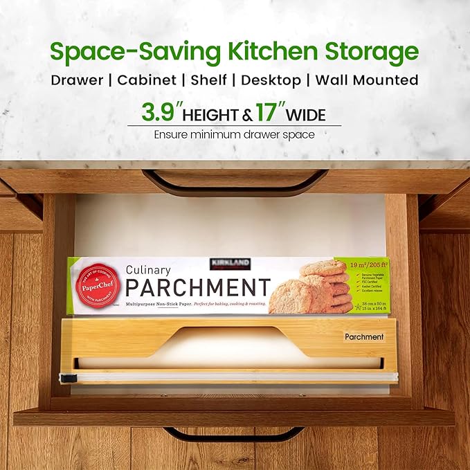 15 Inch Parchment Paper Dispenser with Cutter for Costco-Sized Roll, Bamboo Kitchen Drawer Organizer for Foil & Wax Paper, Wall-Mounted Large Food Wrap Holder