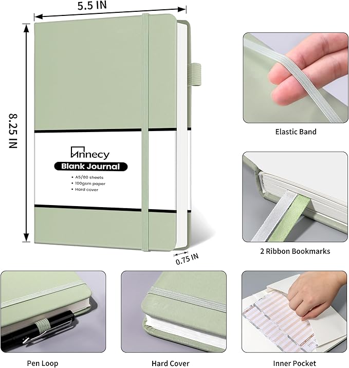 Annecy Blank Journal Notebook, Medium 5.5x 8.25, 160 Pages 100GSM Writing Paper, A5 Grey Green Faux Leather Cover with Pen Loop