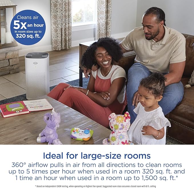 Clorox HEPA Air Purifiers for Home, True HEPA Filter, Medium Rooms Up to 1,500 Sq Ft, Removes 99.9% of Mold, Viruses, Wildfire Smoke, Allergens, Pet Allergies, Dust, AUTO Mode, Whisper Quiet