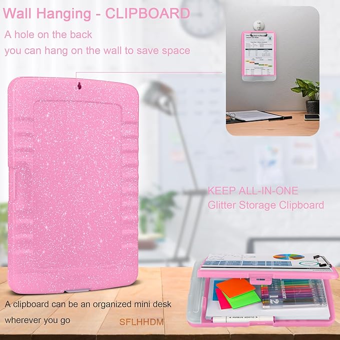 Glitter Clipboard with Storage,Storage Clipboard with Pen Holder,A4 Binder Clip Boards 8.5x11 with Low Profile Clip,Side Opening Sparkle Clipboards, Clipboards Folder for Office Supplies-Rose Pink