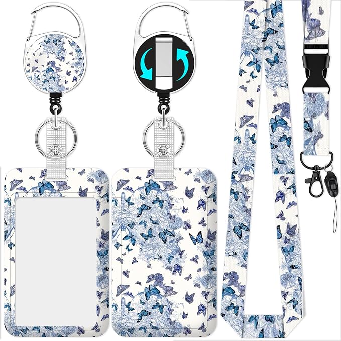 Butterfly Lanyards with Id Holder, Cute ID Badge Holder with Retractable Lanyard, ID Holder with Badge Reel Clips, Name Tag ID Card Holder Teacher Women Doctor Office Gift