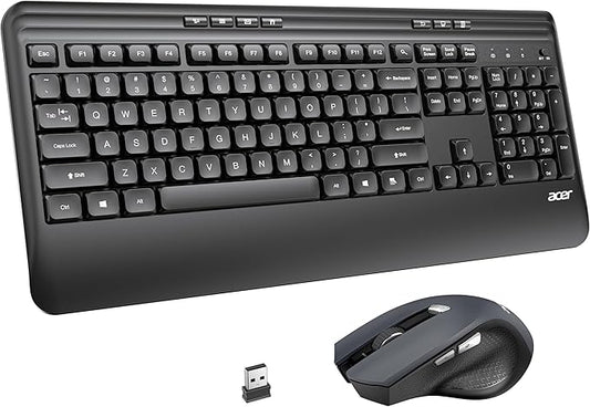 Acer Wireless Keyboard and Mouse Combo, 2.4G Full Sized Erogomic Keyboard Mouse Cordless, Palm & Wrist Rest, Unifying USB Receiver, 7 Multimedia Hotkeys, Sleep Mode, for PC, Laptop, Computer, Windows