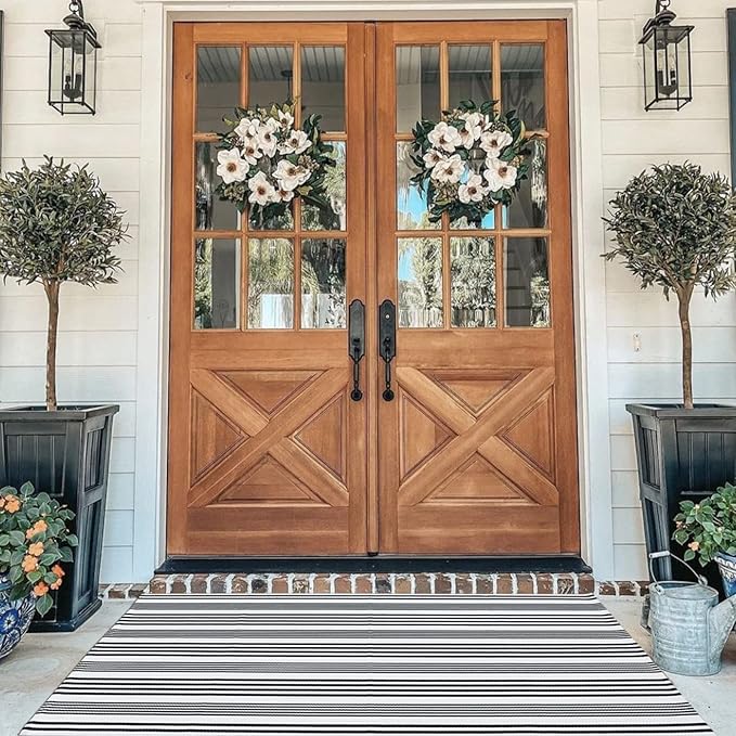 Black and White Striped Outdoor Rug Front Porch Rug 35.4''x59'' Cotton Hand-Woven Welcome Mats Layered Door Mats for Front Porch/Entryway/Laundry Room/Bedroom/Outdoor (35.4''x59'')