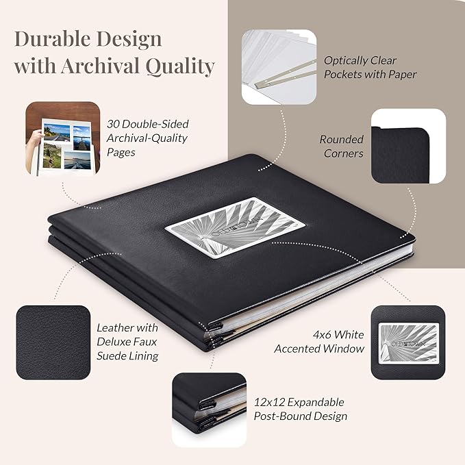 Old Town Bonded Leather Photo Album, Large Leather Scrapbook, Expandable Scrapbook Album 12x12 Double-Sided White Paper Pages and Optically Clear Pockets, Faux Suede Lining, Black