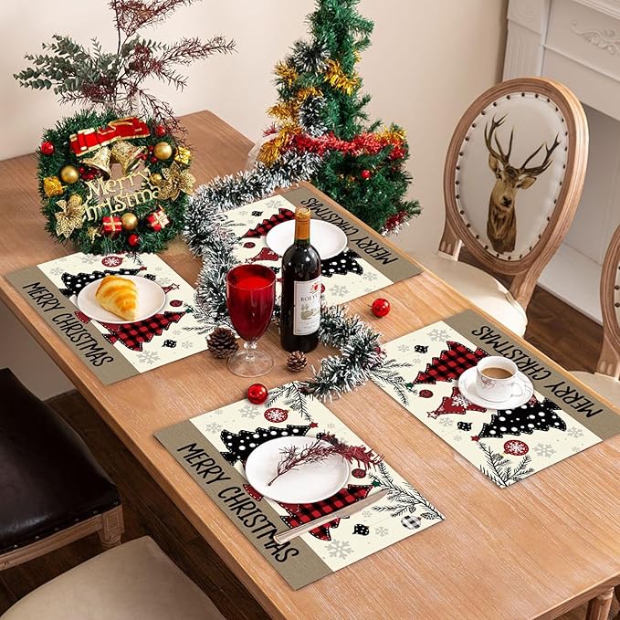 50 Pack Red and Black Buffalo Plaid Christmas Paper Placemats,16x 11 Inch Christmas Trees Disposable Placemats Seasonal Winter Xmas Holiday Table Mats for Kitchen Dining christas Party Supplies