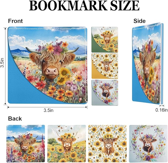 4 Pcs Highland Cow Leather Bookmark Cute Sunflower Book Corner Bookmarks Floral Book Accessories for Women Book Lovers Reading Lover Teacher Student Girls Gift