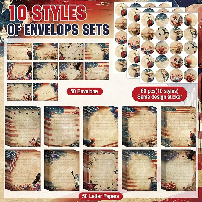 TaoBary 160 Pcs Stationery Paper Set 50 Double Sided Stationery Papers with 50 Matching Envelopes and 60 Round Dot Sticker, 10 Design(Retro Independence Day,5.5 x 8.25 Inch)