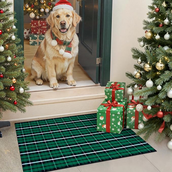 KIMODE Christmas Buffalo Plaid Front Door Mat, 24"x36" Cotton Woven Black and Green Checkered Outdoor Rug, Farmhouse Washable Doormat Outside Entrance for Porch Entryway Kitchen