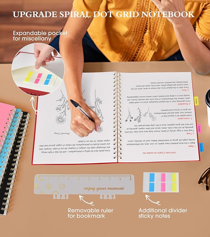 Dotted Notebook, Spiral Notebook Journal 8.5” x 11”, A4 Large Dot Grid Notebooks for Women Men, 100 GSM Dotted Paper, Plastic Hardcover Spiral Bullet Journals for Work School Sketching, Red