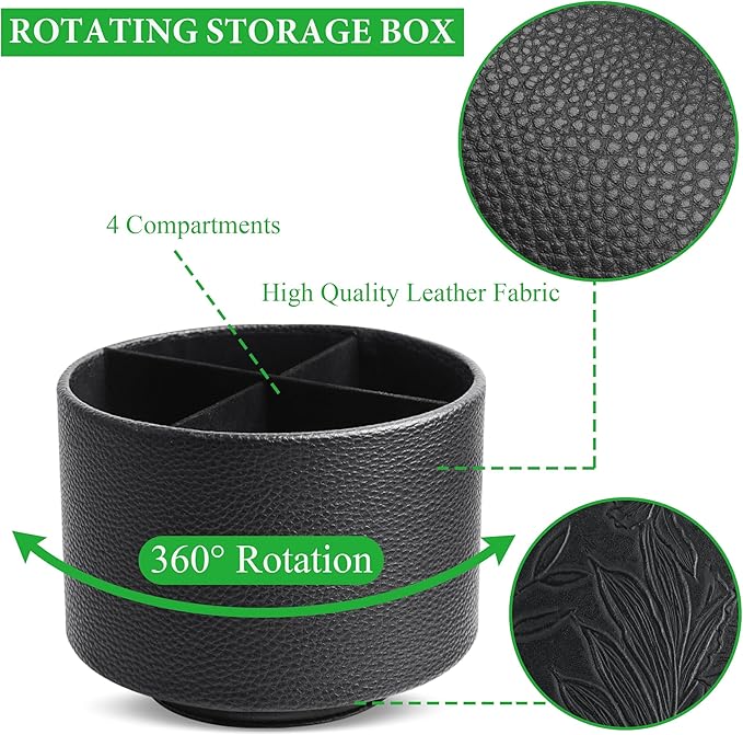Hennaja Round Leather Art Supply Organizer,Remote Control Holder,360 Degree Spinning,Multi-Functional Pencil Holder,4 Compartments Desktop Stationary Organizer(1-Lichee Black)