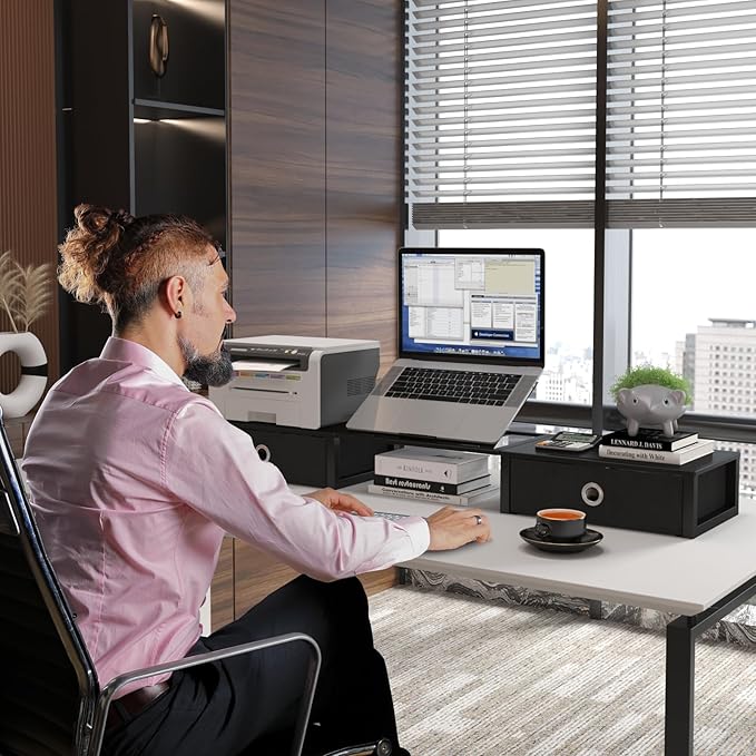 WESTREE Monitor Stand Riser with Adjustable Laptop Stand Riser, Steel Frame Dual Monitor Stand with Two Drawers for 2 Monitors, Desktop Oraganizer Stand for Computer,Laptop,Screen