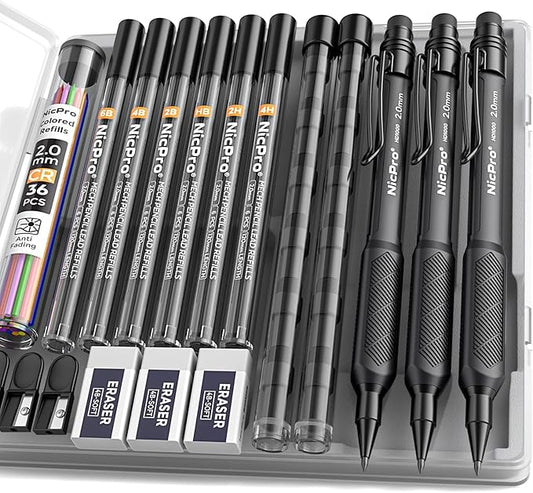 Nicpro 2.0 mm Mechanical Pencil Set, 3PCS Artist Lead Pencil Holder 2mm with 72PCS Lead Refills (4H 2H HB 2B 4B 6B Color) Eraser, Weatherproof Barrel for Outdoor Writing Drafting Drawing Sketching